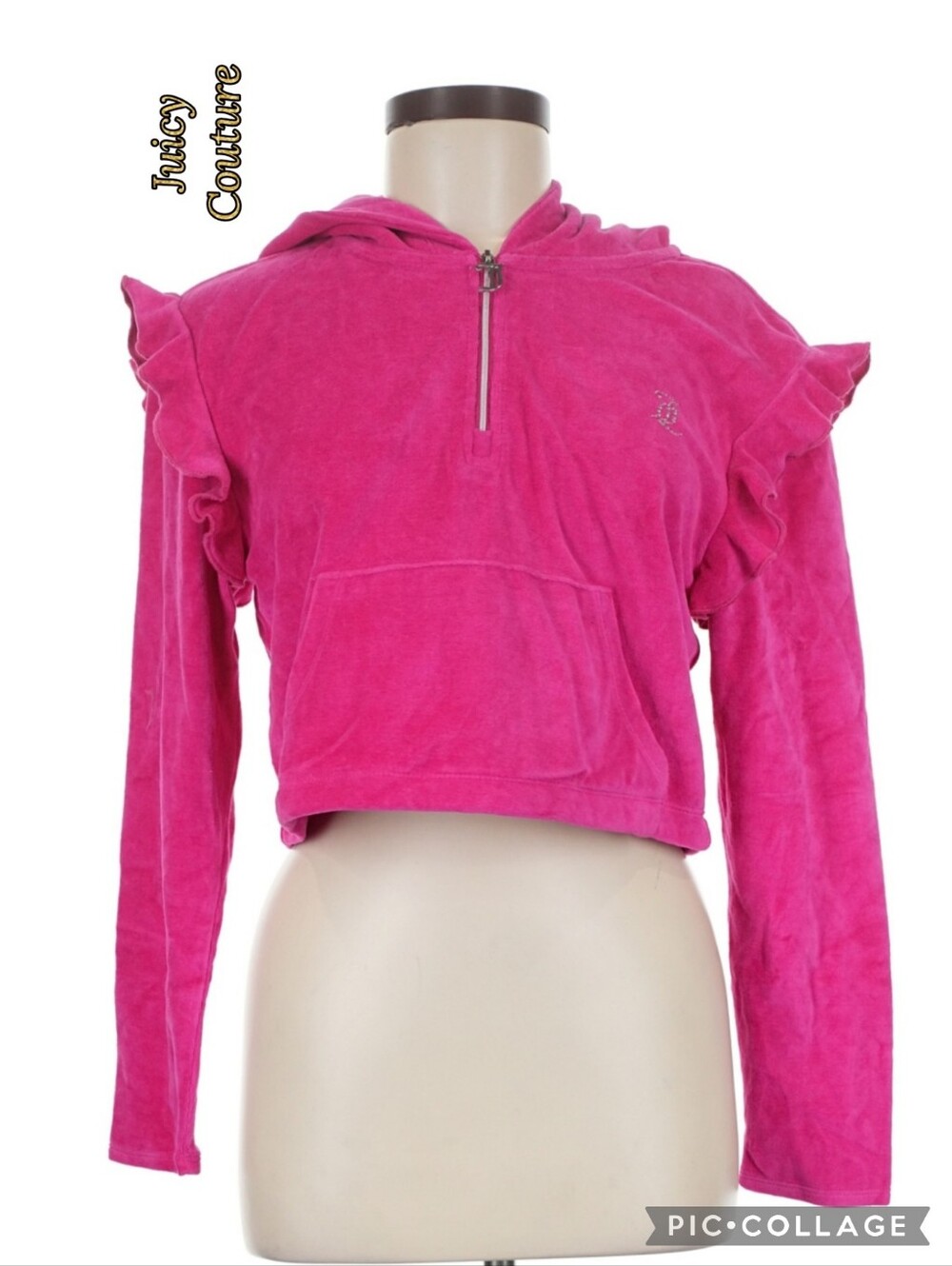 Juicy Couture hoodie cropped hot pink velour ruffle shoulders lrg front pocket